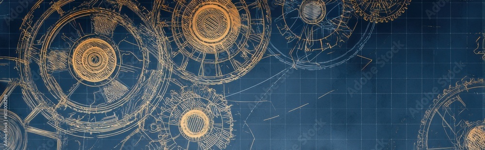 Poster intricate design showcasing interlocking gears on a blueprint background, symbolizing engineering an