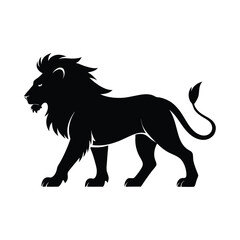 Majestic male lion in profile black silhouette striking a powerful walking pose