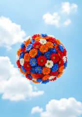 Vibrant Spring Bouquet Against a Cloudy Sky: A Stunning Floral Sphere of Red, White, and Blue Daisies