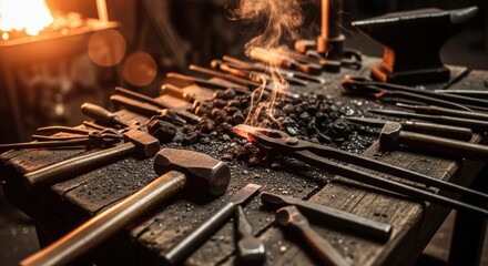 Blacksmith's workbench filled with tools and glowing forge