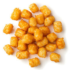 Golden, crispy tater tots scattered on a white background