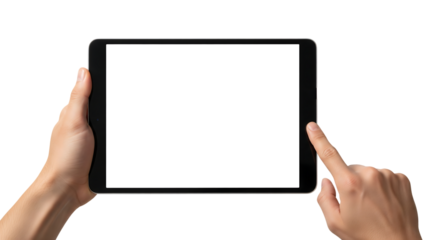 Hands holding a black tablet with a blank white screen for mockup. Isolated on transparent background, png