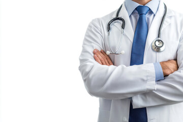 Male doctor with crossed arms on white background. An impersonal image without a face. Medical banner. Free space for copying. Banner. Doctors' advice. Health Concept