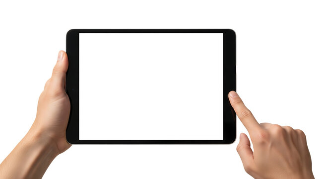 Hands holding a black tablet with a blank white screen for mockup. Isolated on transparent background, png