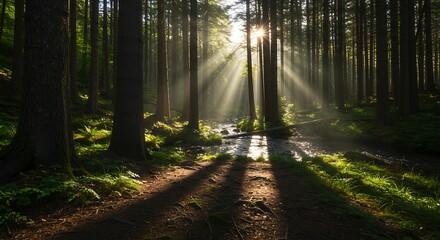 Obraz premium Sunlit Forest Path A Tranquil Woodland Scene