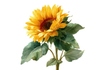 Fototapeta premium Vibrant Sunflower Painting Yellow Petals Green Leaves Dark Background Botanical Art Floral Illustration Nature Beauty Summer Bloom, isolated on a transparent background