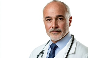 Serious male doctor in white coat and with stethoscope looking at camera on white isolated background, copy space, text space, health