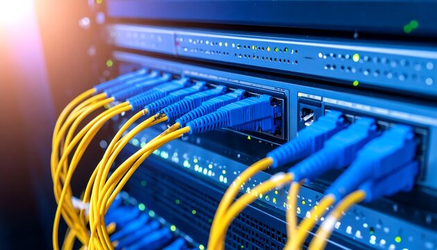 Fiber optic cables connected to network switch in server rack