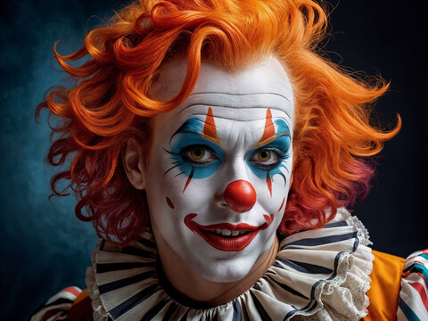 un payaso  con cabello naranja vibrante peinado en rizos voluminosos, vistiendo un atuendo colorido con un distintivo cuello con volantes y tela rayada en el fondo.