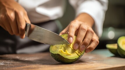 Close-up of hands cutting an avocado on a wooden cutting board.