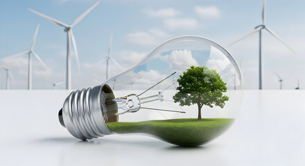 Green energy innovation: Tree growing in light bulb with wind turbines in background.