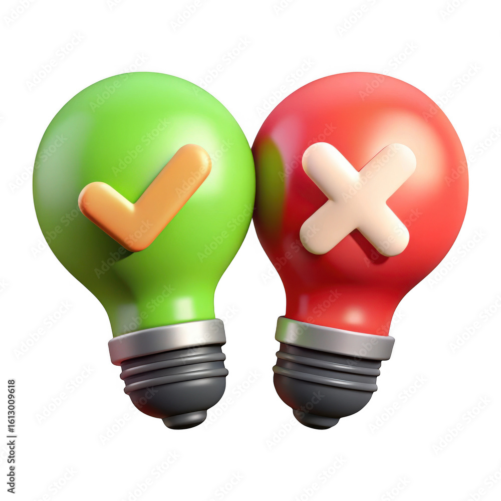 Poster 3d rendered light bulbs representing choices right and wrong isolated on transparent background