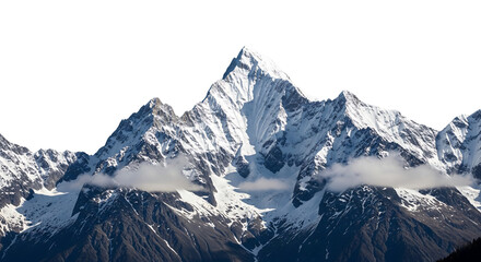 Majestic snow covered mountain peak with clouds and rocky slopes. Isolated on transparent background, png