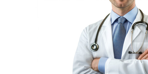 Male doctor with crossed arms on white background. An impersonal image without a face. Medical banner. Free space for copying. Banner. Doctors' advice. Health Concept