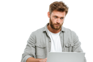 Man with beard using laptop computer working online gray shirt, isolated on a transparent background