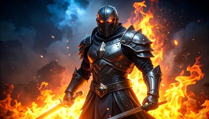 Fototapeta premium Fiery battle scene featuring a dark armored knight wielding two flaming swords