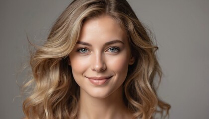 Naklejka premium Close-up portrait of smiling woman with long blonde hair, head slightly tilted. Neutral beige background focuses attention on features. Casual, approachable vibe, perfect for beauty, lifestyle,