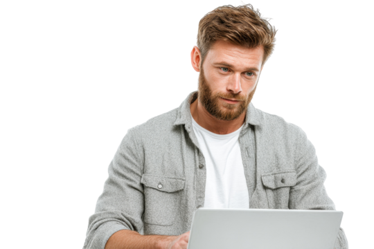 Man with beard using laptop computer working online gray shirt, isolated on a transparent background