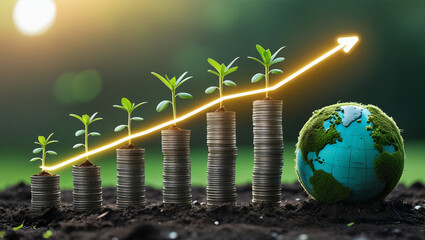 Money growth concept with plants and upward graph on green background. Great for economic blogs, startup pitches, and environmental finance.