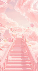 Pink Stairway to Heaven: A Dreamlike Ascent Through Pastel Clouds and Candy-Colored Geometry