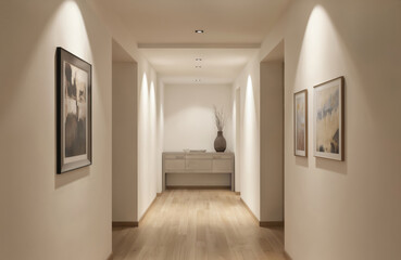 Modern hallway features light-colored columns, wood floor, and artwork. Natural light streams from window. Recessed lighting illuminates pathway, accentuating minimalist interior design.