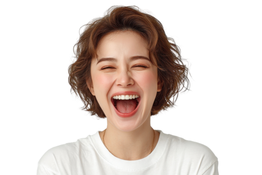 Happy woman laughing big smile white shirt brown hair, isolated on a transparent background