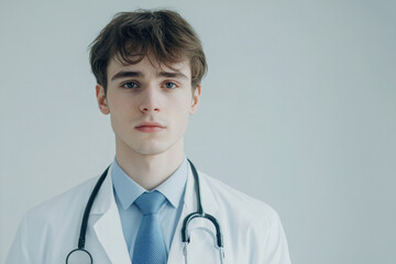Male Portrait Of Doctor In White Coat And With Stethoscope Looking At Camera On White Isolated Background, Copy Place, Text Place, Banner, Health