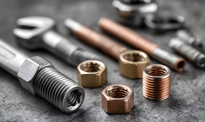 Close up of diverse chrome plated and copper mechanical components with a wrench on a grey surface