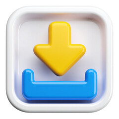 Digital Download Icon: A vibrant, three-dimensional digital download icon featuring a cheerful yellow arrow descending into a stylized blue tray. Isolated on a transparent background.