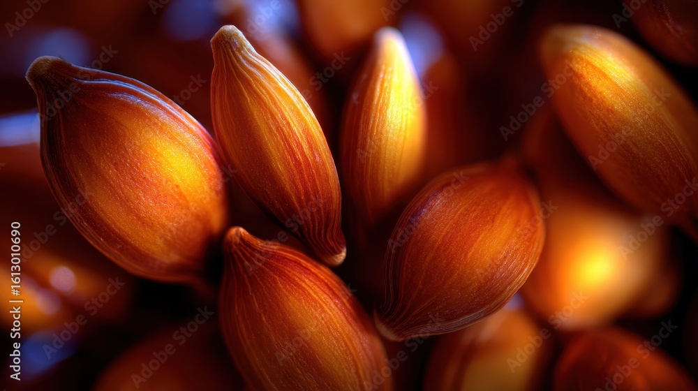 Poster close-up view of clustered seeds with intricate textures.