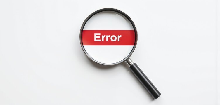 Black magnifying glass with red error sign on white background. Bold red sign stands out prominently on stark white. Close-up shot of lens and error icon.