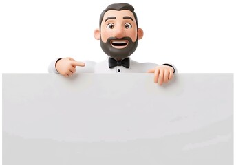 bartender pointing a big blank whiteboard or placard, cartoon 3D illustration
