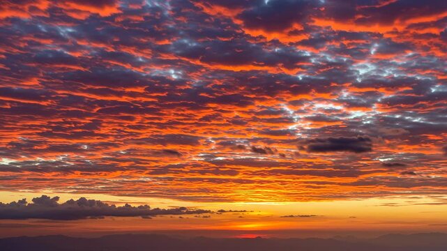 Video, couds are moving, Vibrant sunset over clouds in fire with dramatic red and orange hues  