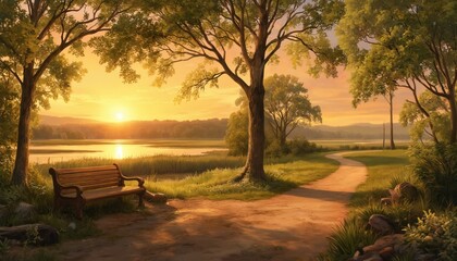 Wooden bench in forest near calm water body. Sunlight warms the serene atmosphere, green trees surround the natural scene. Dirt road leads to peaceful forest clearing.