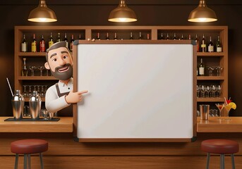 bartender pointing a big blank whiteboard or placard, cartoon 3D illustration