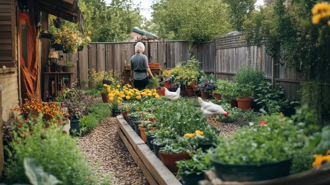 Gardener walking through lush backyard garden