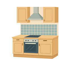 Modern wooden kitchen interior with stove and hood, flat vector