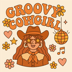 Groovy Cowgirl Illustration with Retro Flowers, Stars, and Music Notes. Vintage Style Design Featuring a Fun Cowgirl with Star Glasses and Disco Elements.