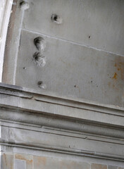 Bullet holes in a building in Warsaw, Poland