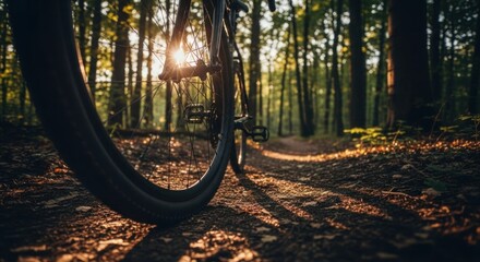 Close-up of a bicycle tire on a forest trail, sunlight through trees