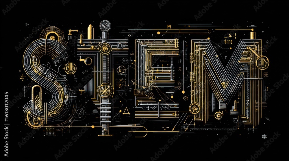 Poster creative design highlighting stem with intricate patterns and glowing elements in a dark background