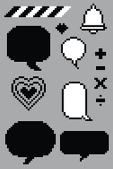 Retro Pixel Art UI Icon Set 8-bit Computer and Game Graphics black and white