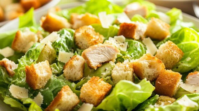 Close-up of a fresh caesar salad featuring grilled chicken, crunchy croutons, parmesan cheese, and a creamy dressing