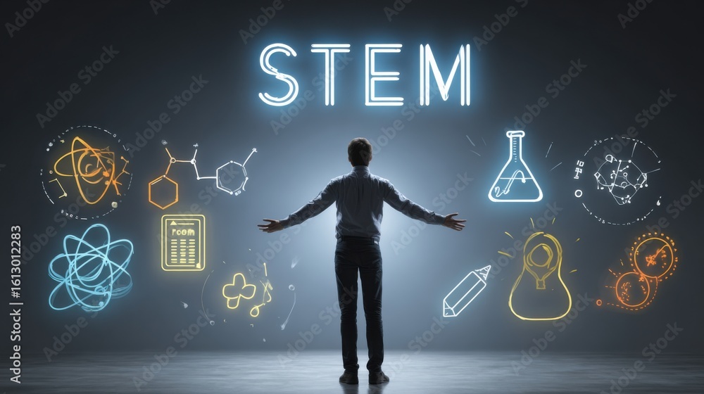 Poster exploration of stem concepts with glowing symbols and diagrams in a dark setting