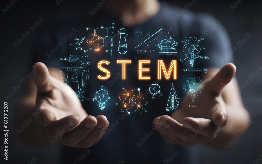 Poster hands demonstrating stem concepts with scientific symbols and elements in a creative design against 