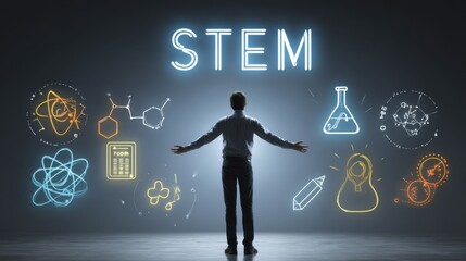 Exploration of STEM concepts with glowing symbols and diagrams in a dark setting