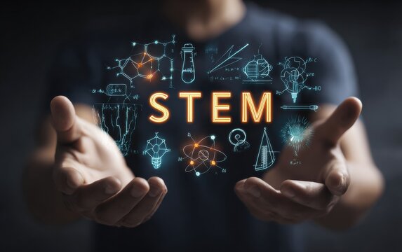 Hands demonstrating STEM concepts with scientific symbols and elements in a creative design against a dark background