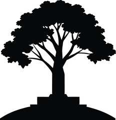 Fototapeta premium A striking black silhouette of a large mature tree with a thick trunk and spreading branches isolated on white background silhouette