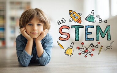 Boy engaged in STEM learning activity indoors while displaying curiosity and interest in science