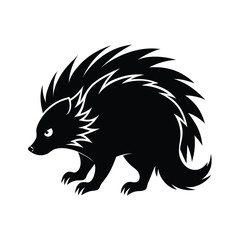 A striking black silhouette of a porcupine in a defensive posture ready to defend itself